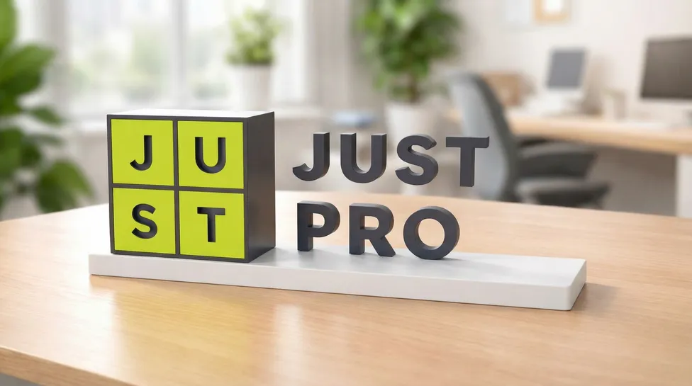 Just Media logo on the desk